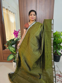 Handwoven Mangalagiri Pattu Saree with Beautiful  Small Checks - Mehindi Green