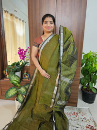 Handwoven Mangalagiri Pattu Saree with Beautiful  Small Checks - Mehindi Green