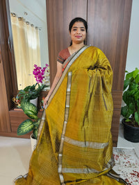 Handwoven Mangalagiri Pattu Saree with Beautiful  Small Checks - Golden Yellow