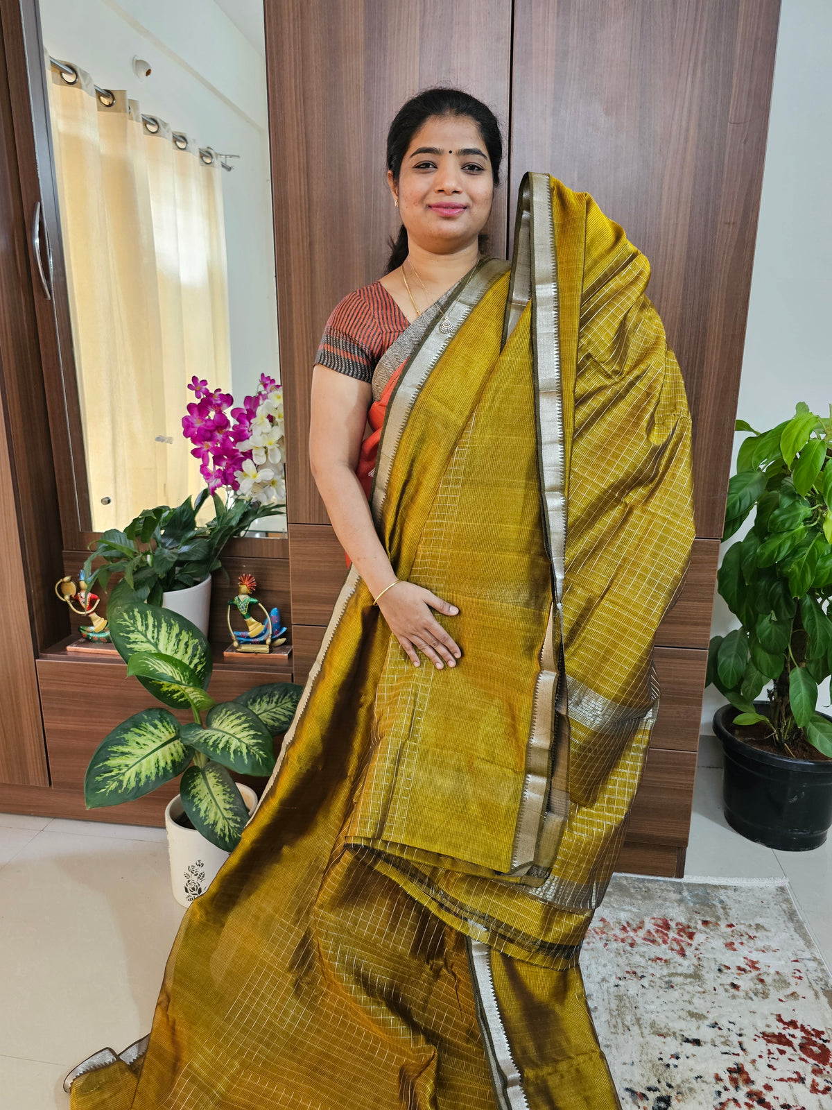 Handwoven Mangalagiri Pattu Saree with Beautiful  Small Checks - Golden Yellow