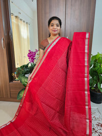 Handwoven Mangalagiri Pattu Saree with Beautiful  Small Checks - Red