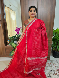 Handwoven Mangalagiri Pattu Saree with Beautiful  Small Checks - Red