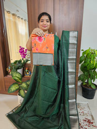 Handwoven Mangalagiri Pattu Saree Small Checks with Mix and Match Pure Tussar Blouse - Bottle Green