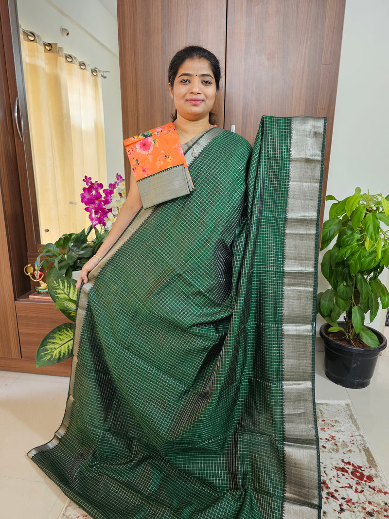 Handwoven Mangalagiri Pattu Saree Small Checks with Mix and Match Pure Tussar Blouse - Bottle Green