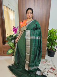 Handwoven Mangalagiri Pattu Saree Small Checks with Mix and Match Pure Tussar Blouse - Bottle Green