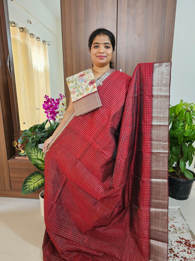 Handwoven Mangalagiri Pattu Saree Small Checks with Mix and Match Pure Tussar Blouse - Maroon