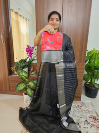 Handwoven Mangalagiri Pattu Saree Small Checks with Mix and Match Pure Tussar Blouse - Black