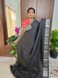 Handwoven Mangalagiri Pattu Saree Small Checks with Mix and Match Pure Tussar Blouse - Black