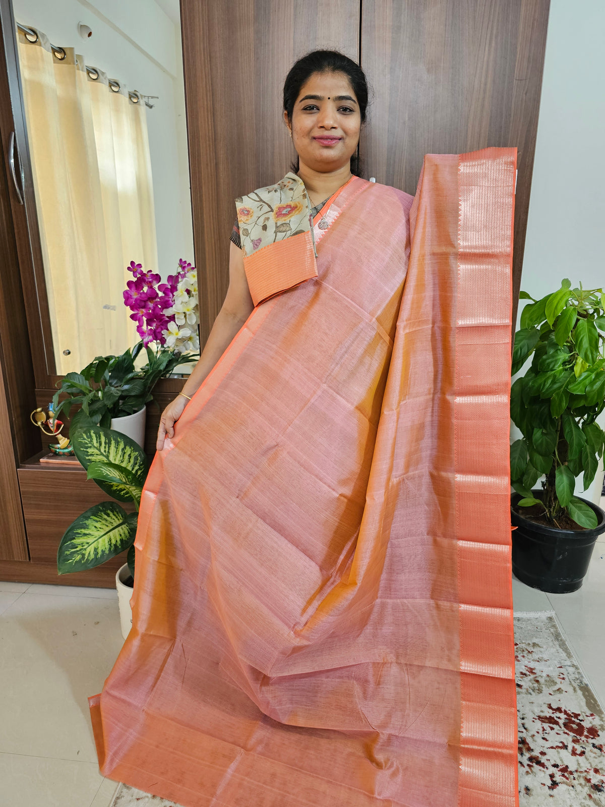 Handwoven Mangalagiri Pattu Saree with Mix and Match Noil Blouse - Peach