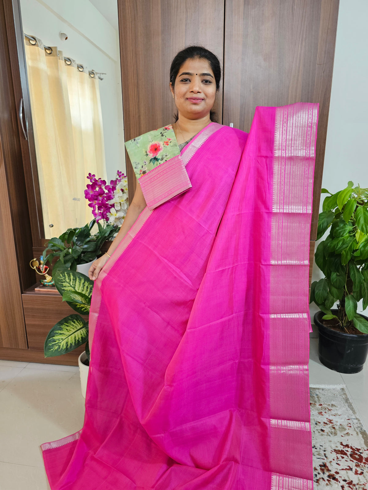 Handwoven Mangalagiri Pattu Saree with Mix and Match Pure Tussar Blouse - Pink