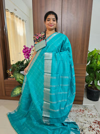 Handwoven Mangalagiri Pattu Saree Big Checks with Mix and Match Pure Tussar Blouse - Turquoise Blue