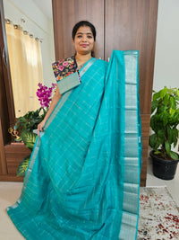 Handwoven Mangalagiri Pattu Saree Big Checks with Mix and Match Pure Tussar Blouse - Turquoise Blue