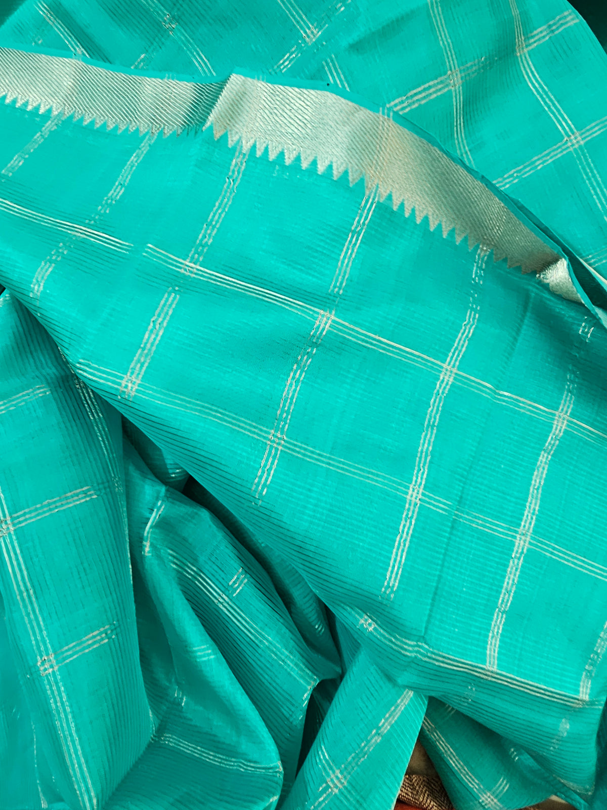 Handwoven Mangalagiri Pattu Saree Big Checks with Mix and Match Pure Tussar Blouse - Turquoise Blue