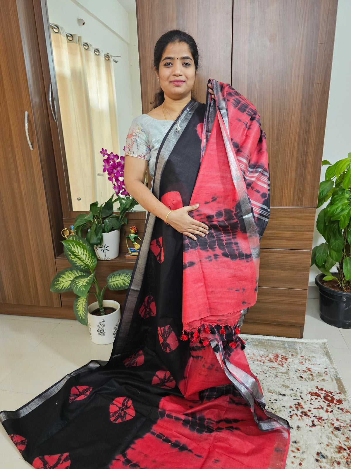 Bhagalpuri Silk Viscous - Black with Red