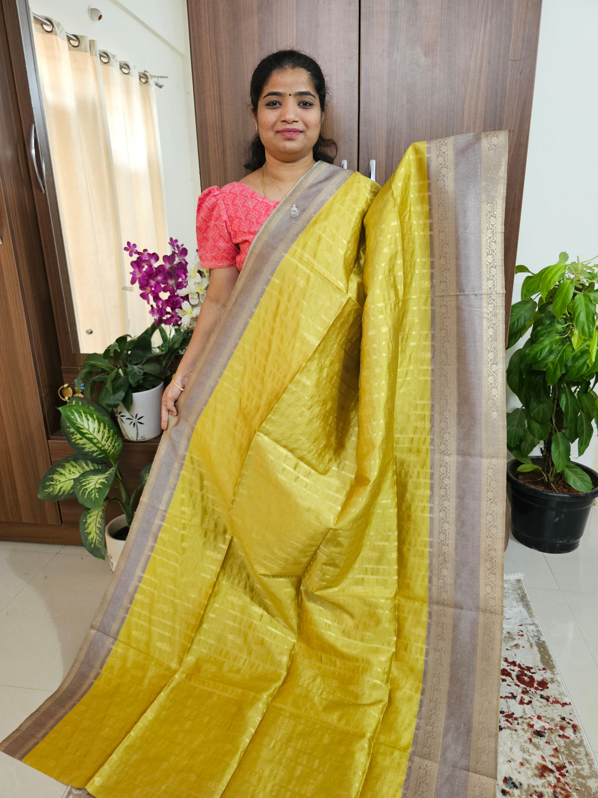 Semi Maandu Tussar Zari Weaving Saree - Lime Green with Grey