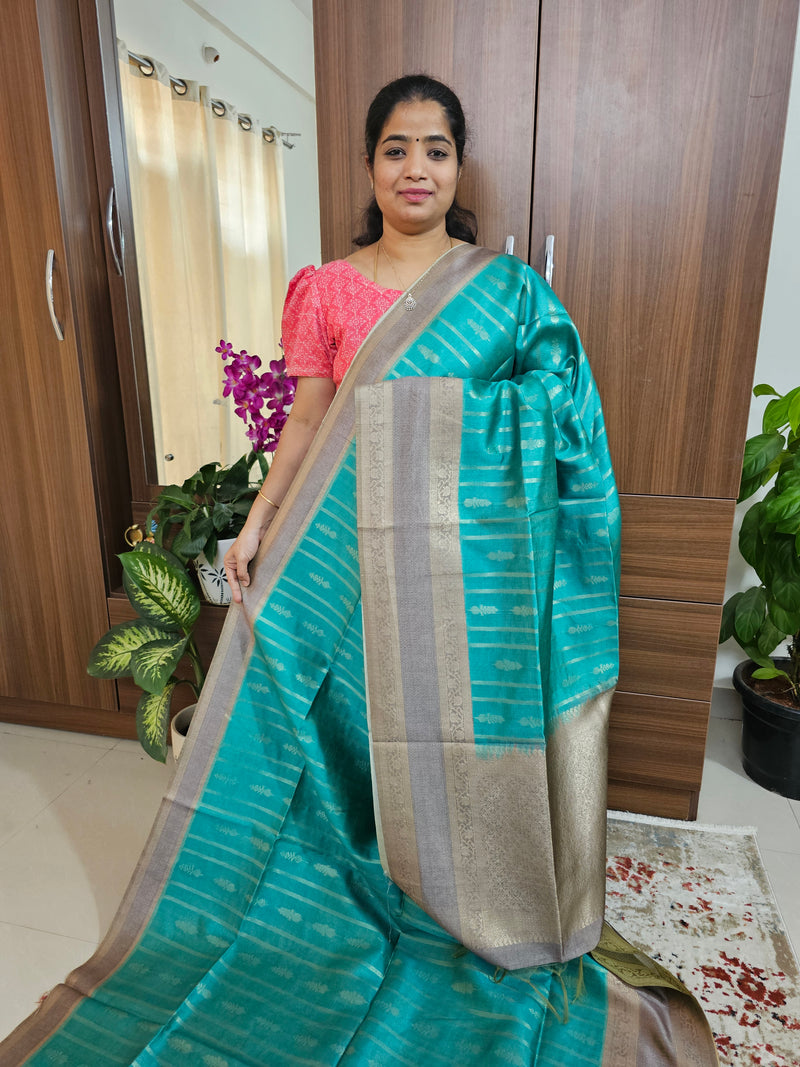 Semi Maandu Tussar Zari Weaving Saree - Dark Sea Blue with Grey