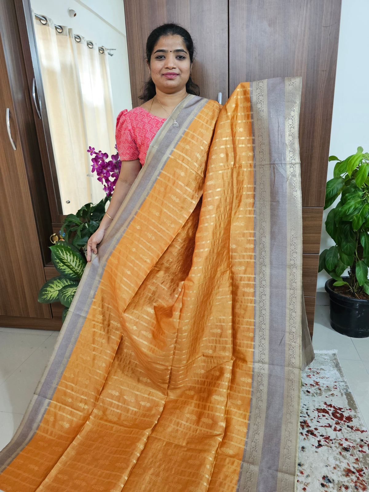 Semi Maandu Tussar Zari Weaving Saree - Orange with Grey