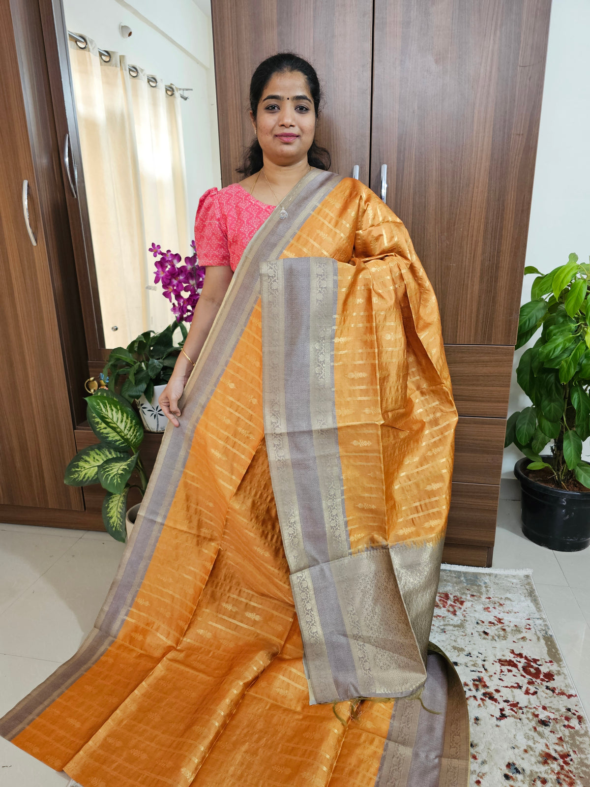 Semi Maandu Tussar Zari Weaving Saree - Orange with Grey