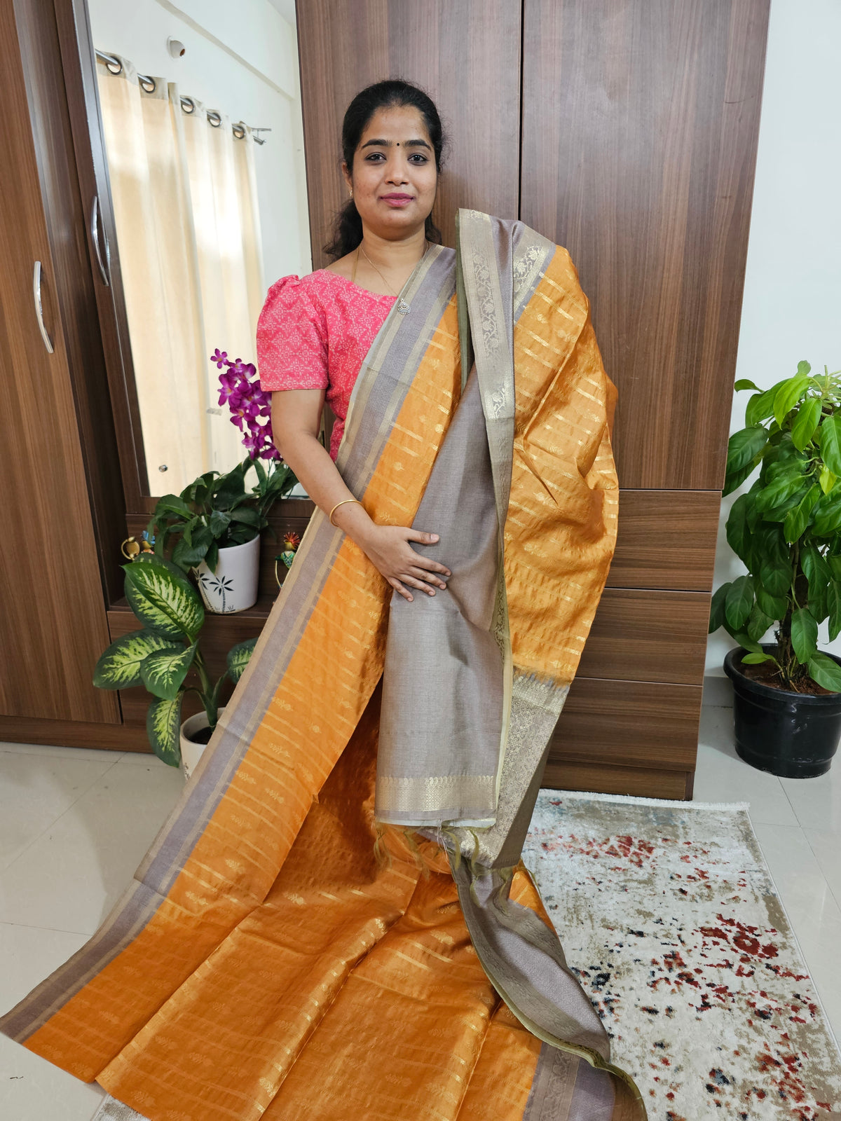 Semi Maandu Tussar Zari Weaving Saree - Orange with Grey