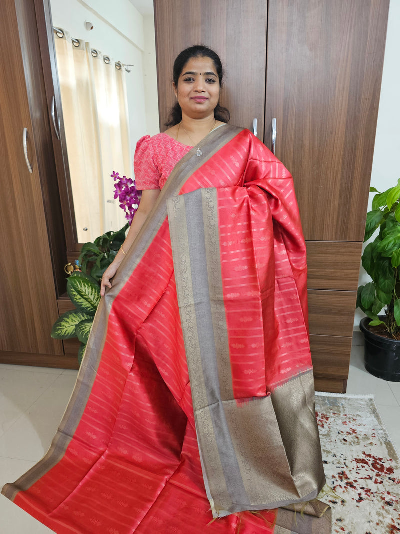 Semi Maandu Tussar Zari Weaving Saree - Red with Grey