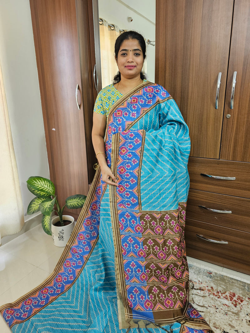 Semi Ghicha Geometric Pattern Printed Saree -Sky Blue with Dark Green