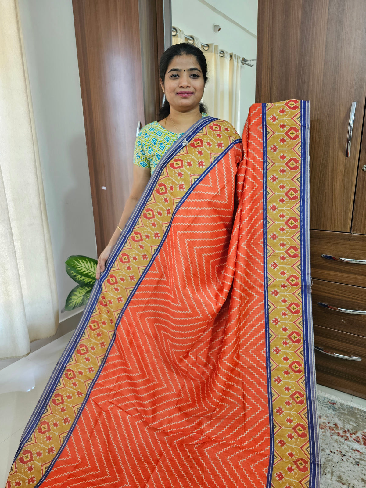 Semi Ghicha Geometric Pattern Printed Saree - Orange with Blue