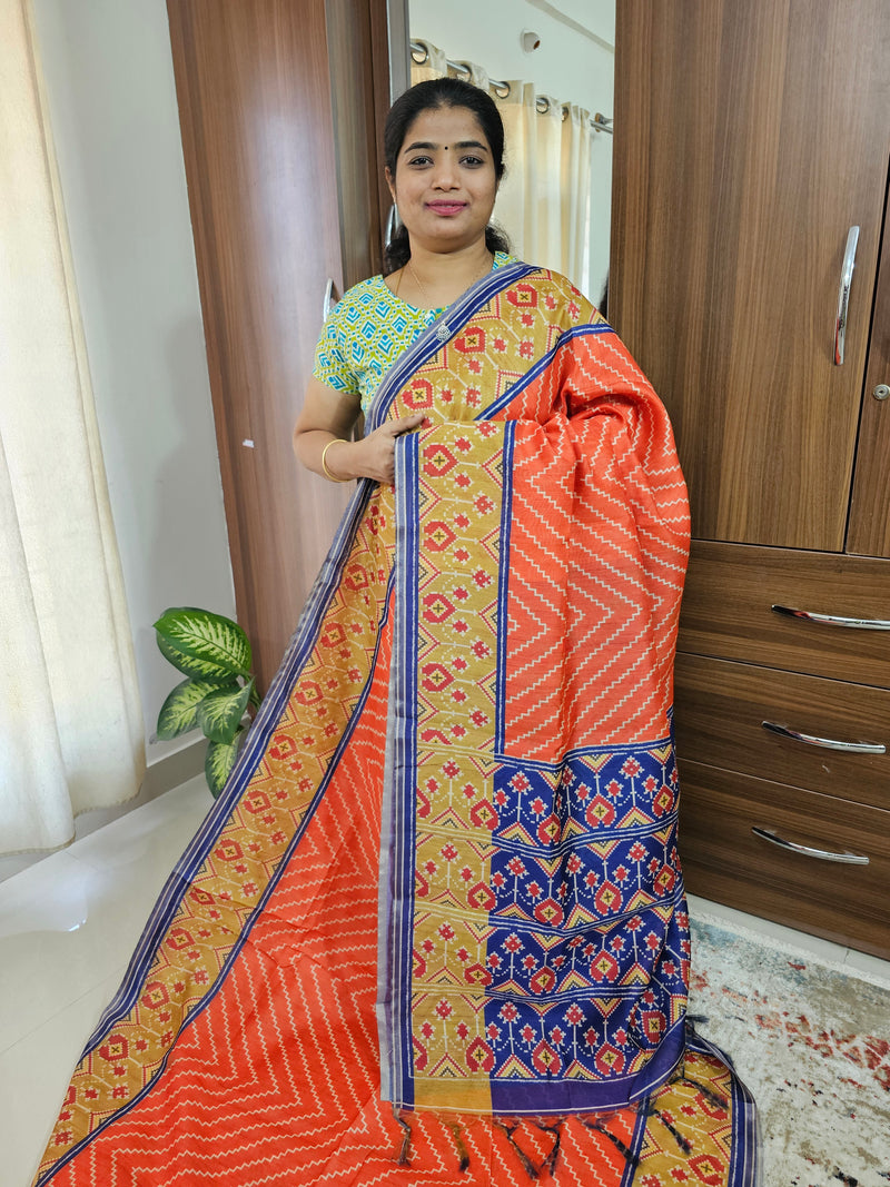 Semi Ghicha Geometric Pattern Printed Saree - Orange with Blue