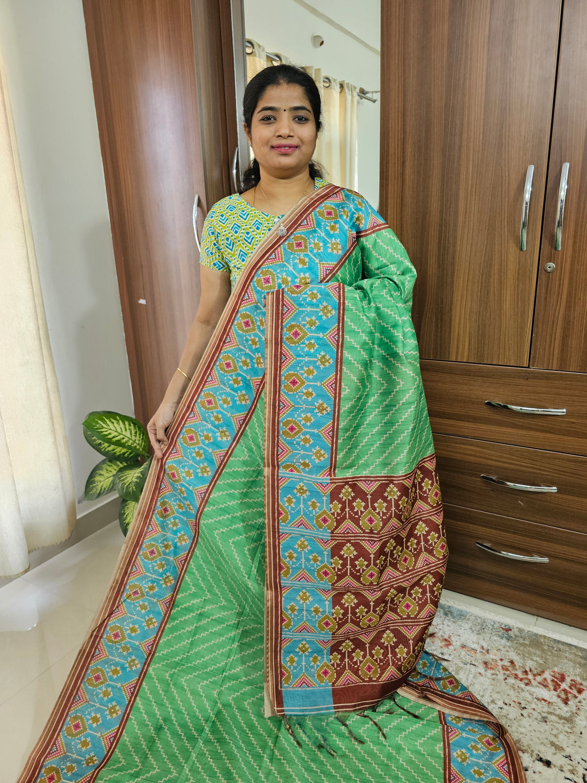 Semi Ghicha Geometric Pattern Printed Saree - Green with Brown