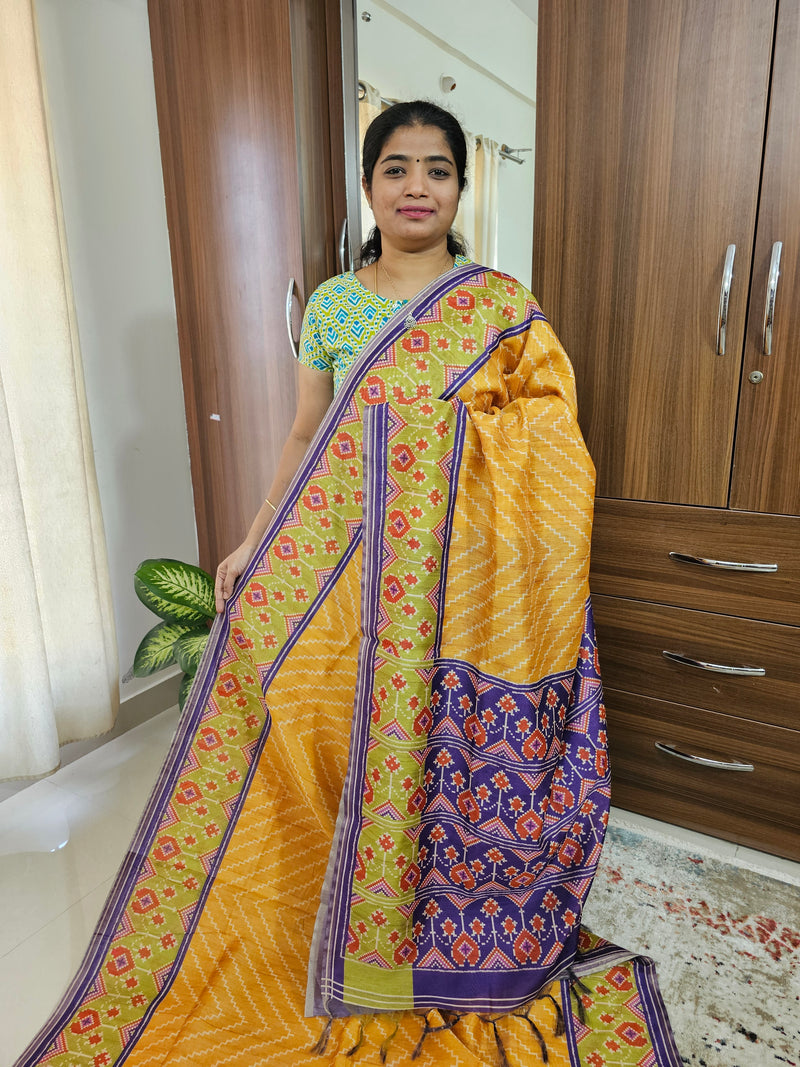 Semi Ghicha Floral Printed Saree - Mustard Yellow with Purple