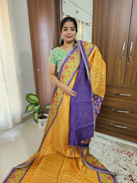 Semi Ghicha Floral Printed Saree - Mustard Yellow with Purple