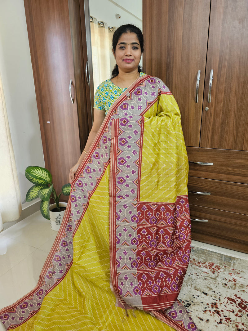 Semi Ghicha Geometric Pattern Printed Saree - Lime Green with Maroon