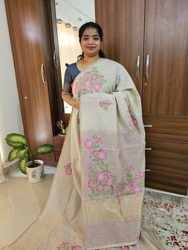 Soft Cotton with Weaving Floral Pattern  - Tussar with Pink