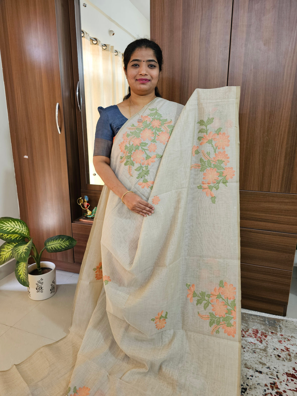 Soft Cotton with Weaving Floral Pattern  - Tussar with Orange