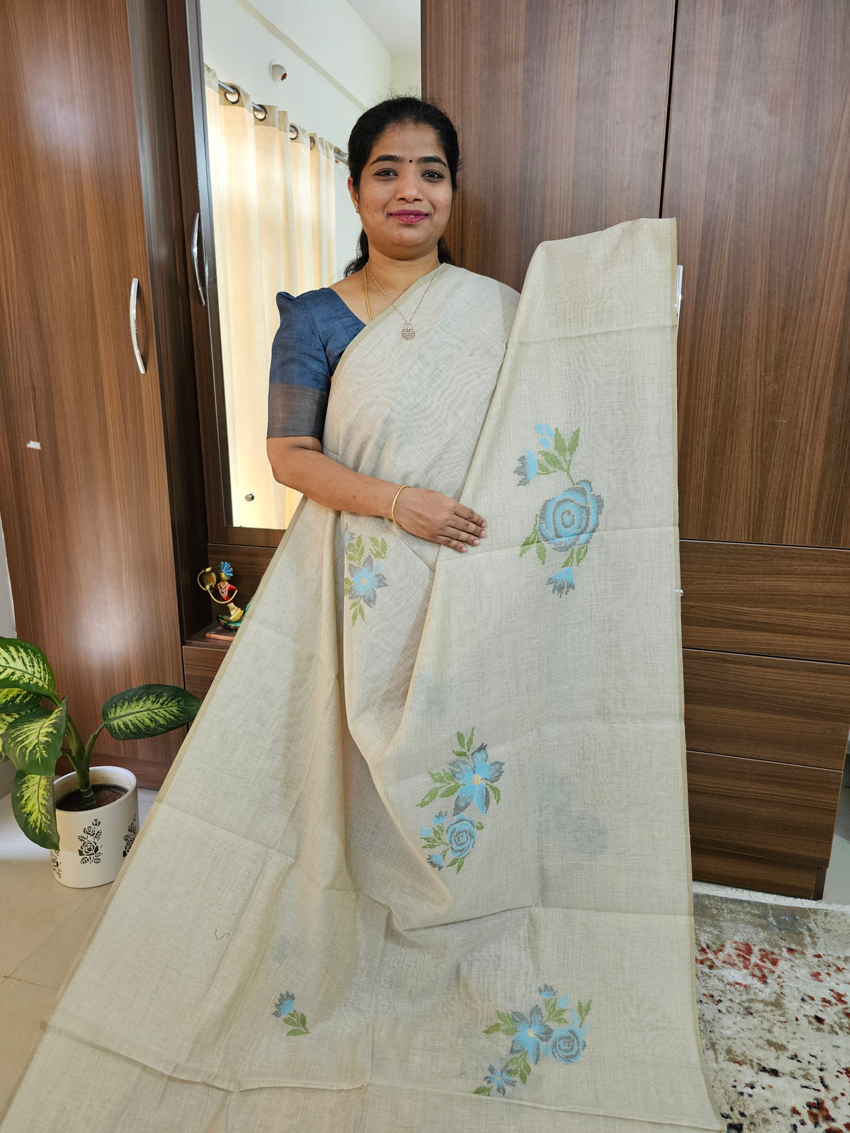 Soft Cotton with Weaving Floral Pattern  - Tussar with Blue