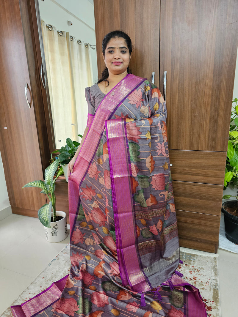 Semi Gadwal Silk Sarees with Digital Prints - Grey with Magenta Pink Border Design-1