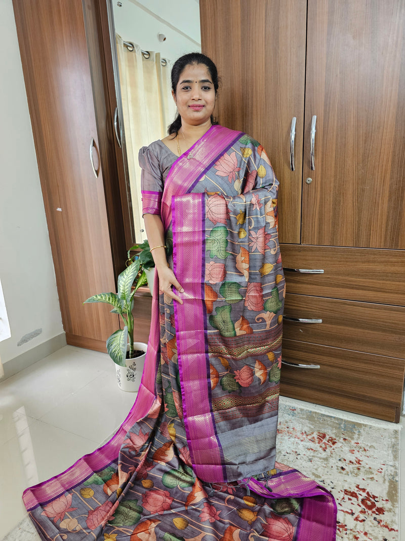 Semi Gadwal Silk Sarees with Digital Prints - Grey with Magenta Pink Border Design-2