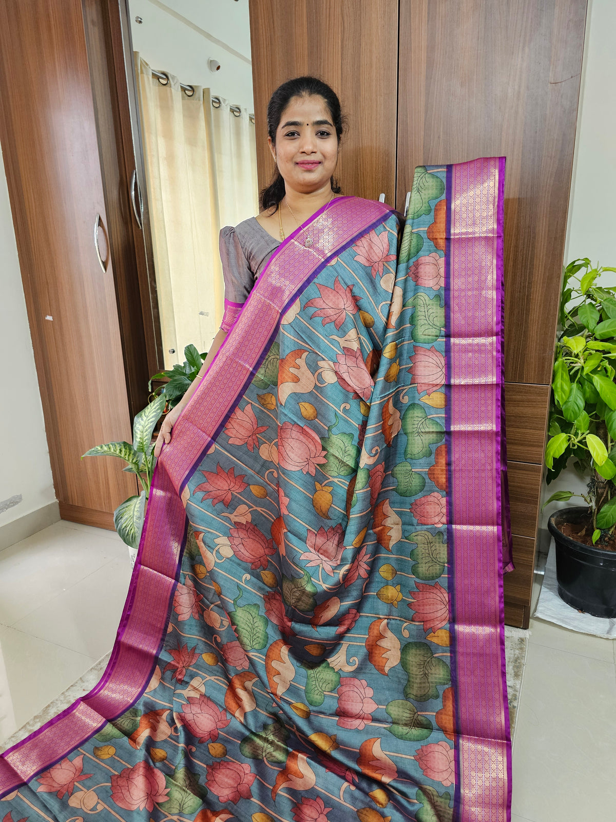 Semi Gadwal Silk Sarees with Digital Prints - Blue with Magenta Pink