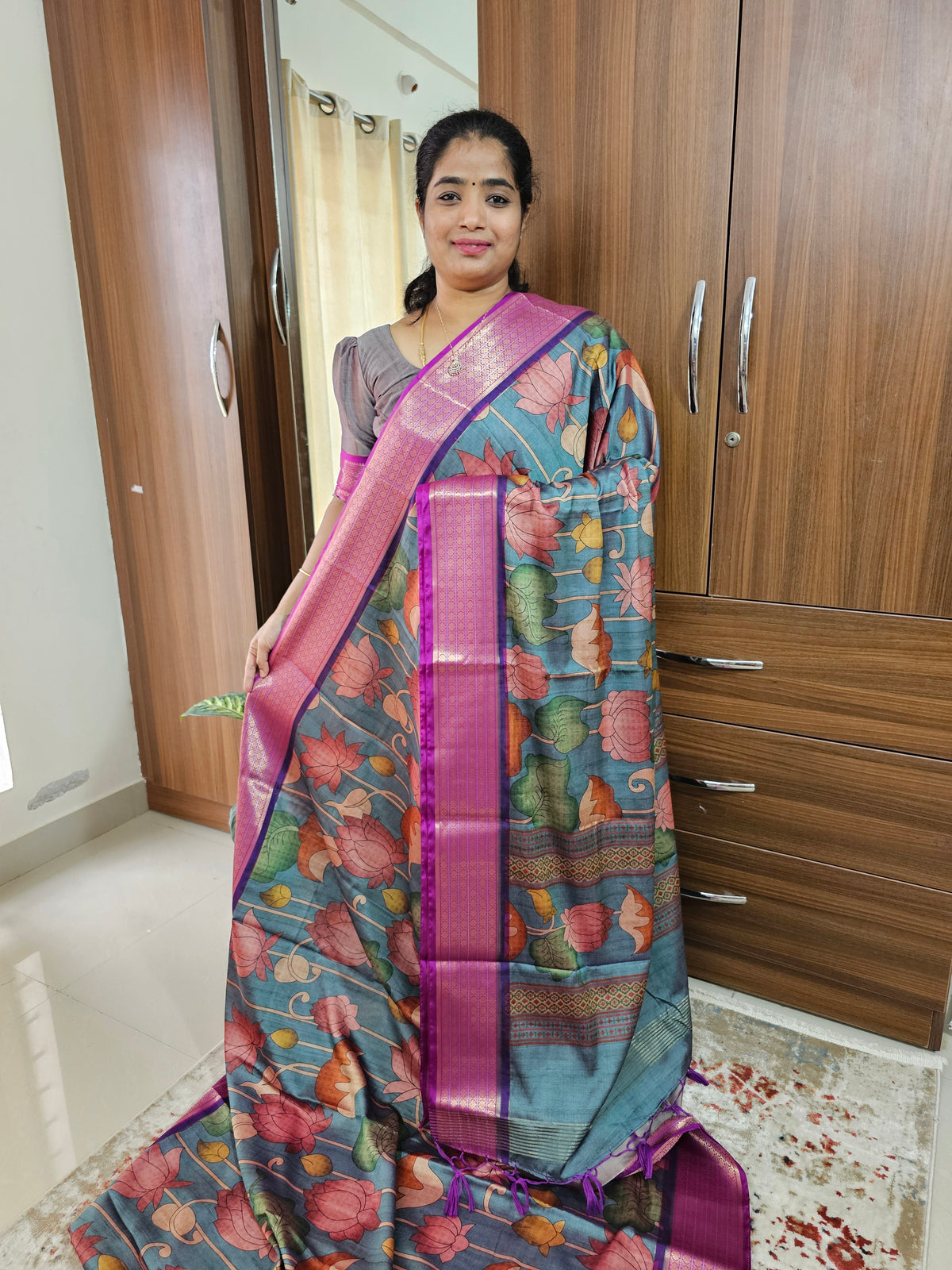 Semi Gadwal Silk Sarees with Digital Prints - Blue with Magenta Pink