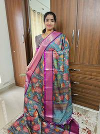 Semi Gadwal Silk Sarees with Digital Prints - Blue with Magenta Pink