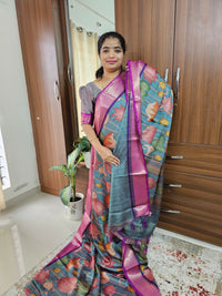 Semi Gadwal Silk Sarees with Digital Prints - Blue with Magenta Pink