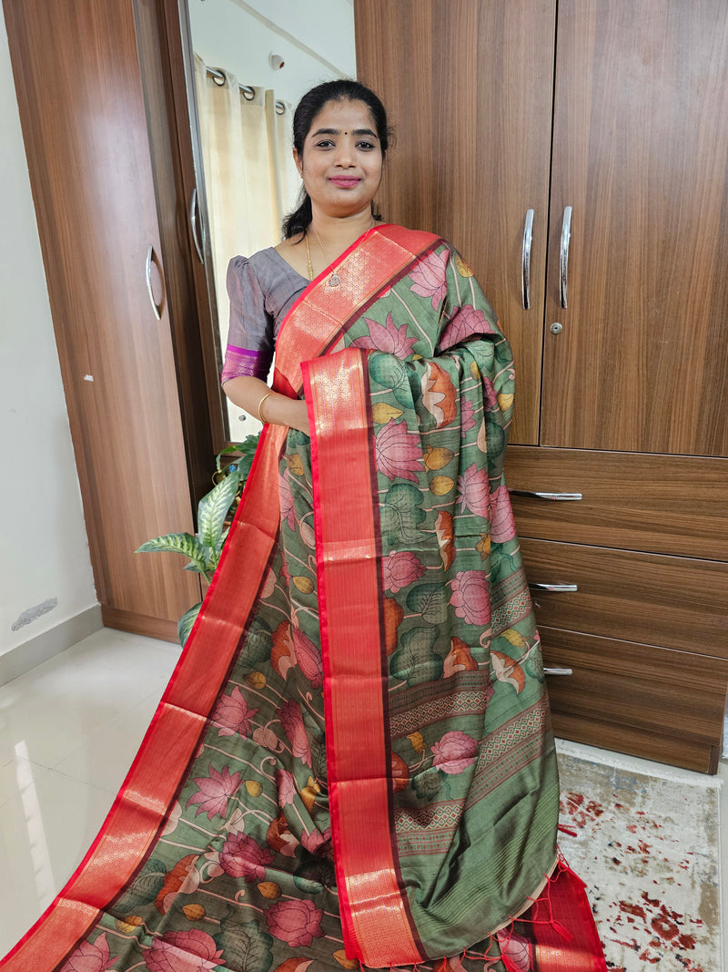 Semi Gadwal Silk Sarees with Digital Prints - Green with Red