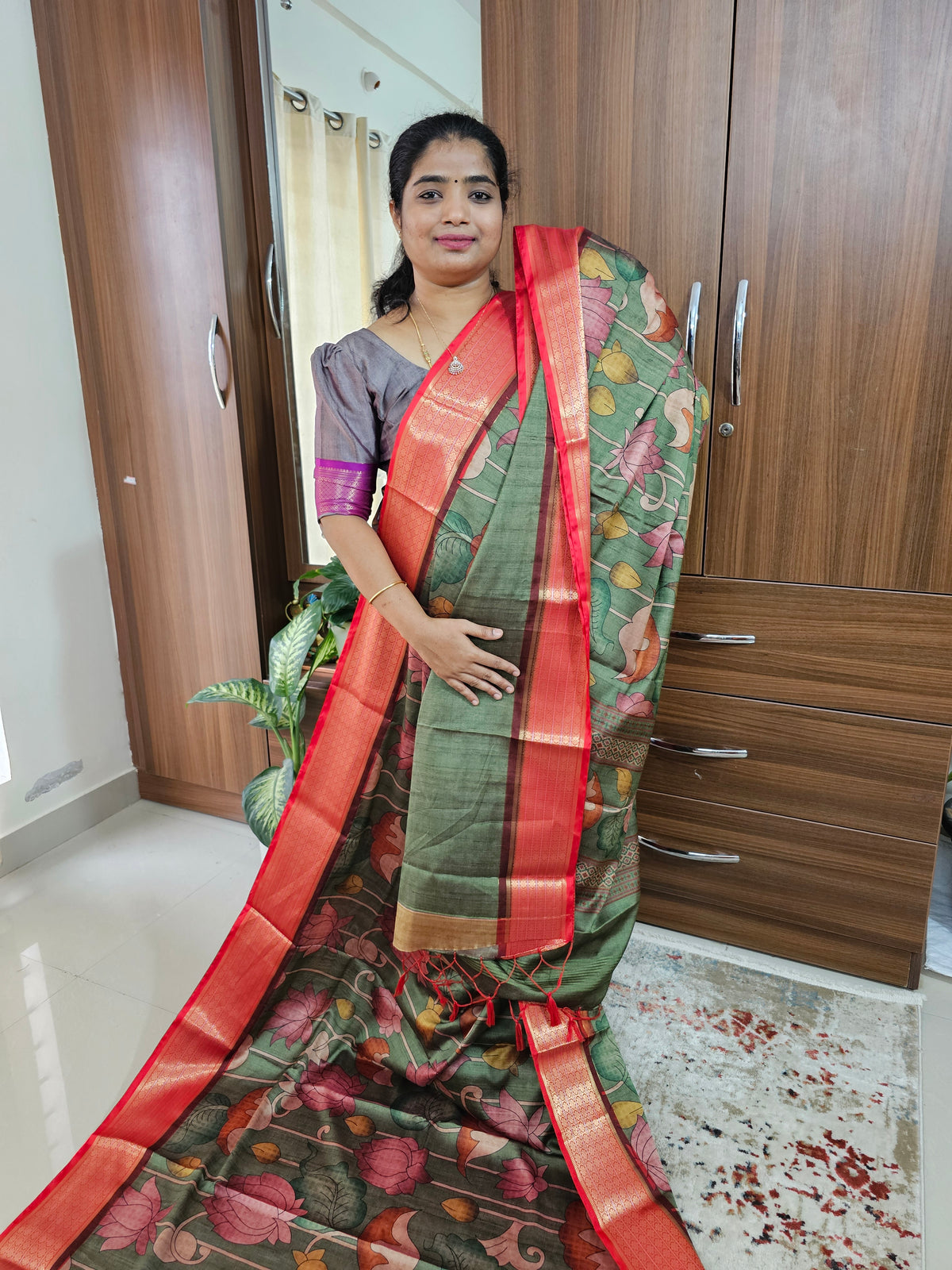 Semi Gadwal Silk Sarees with Digital Prints - Green with Red
