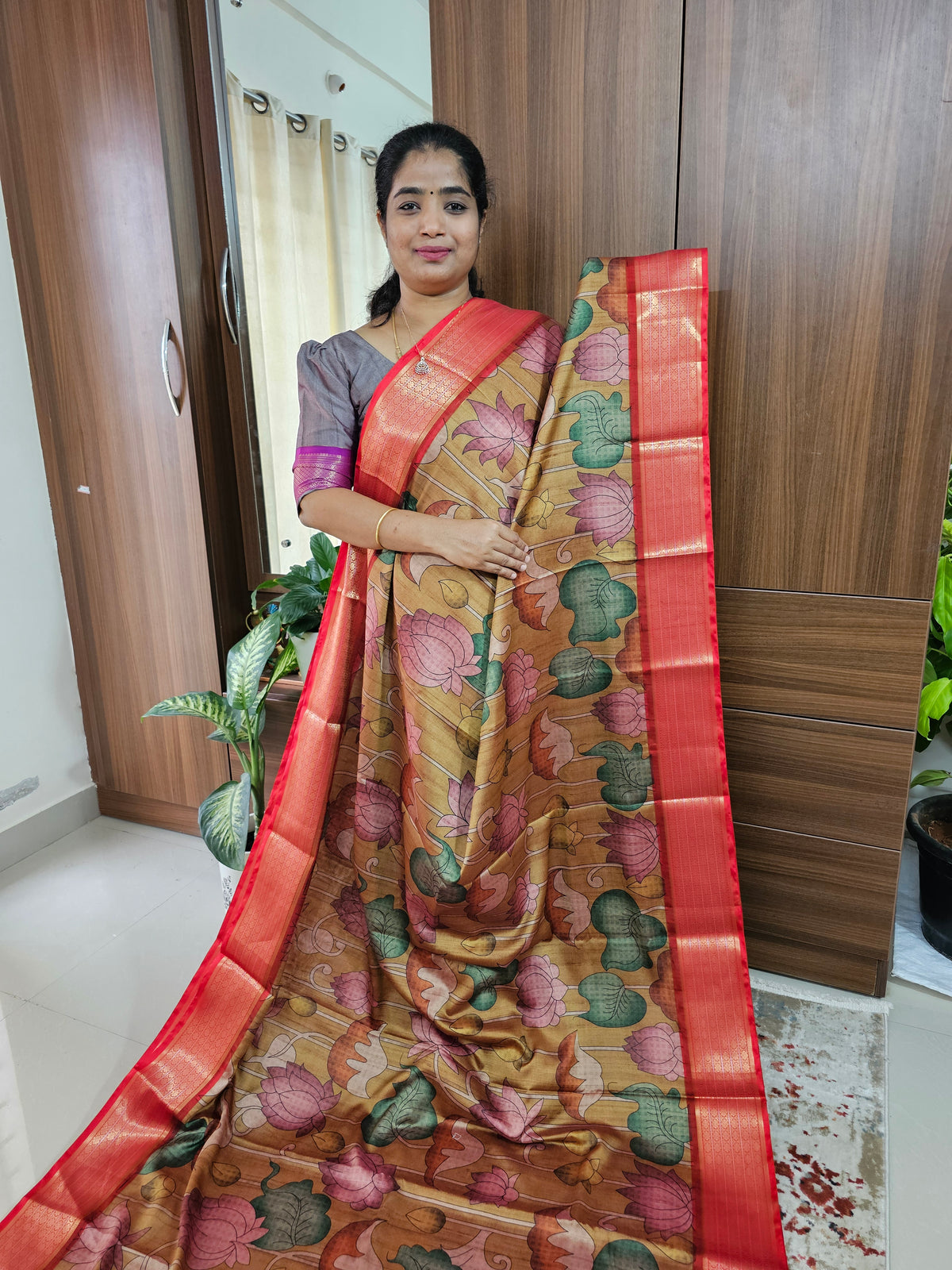 Semi Gadwal Silk Sarees with Digital Prints - Mustard Yellow with Red