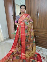 Semi Gadwal Silk Sarees with Digital Prints - Mustard Yellow with Red