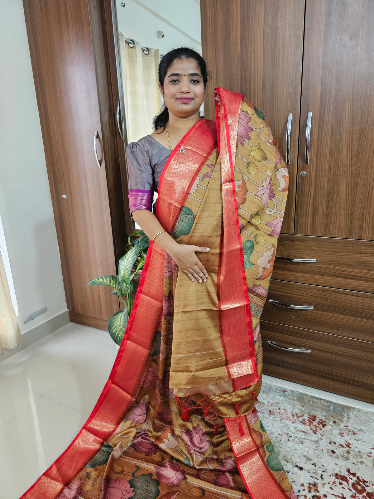 Semi Gadwal Silk Sarees with Digital Prints - Mustard Yellow with Red