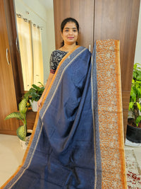 Semi Ghicha Digital Printed Saree - Navy Blue with Brown