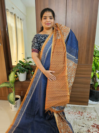 Semi Ghicha Digital Printed Saree - Navy Blue with Brown