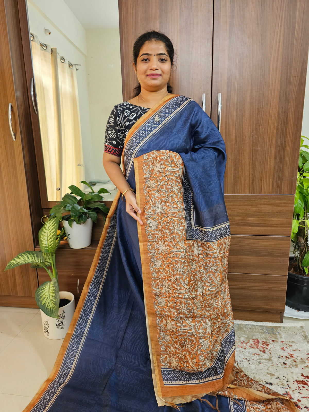 Semi Ghicha Digital Printed Saree - Navy Blue with Brown