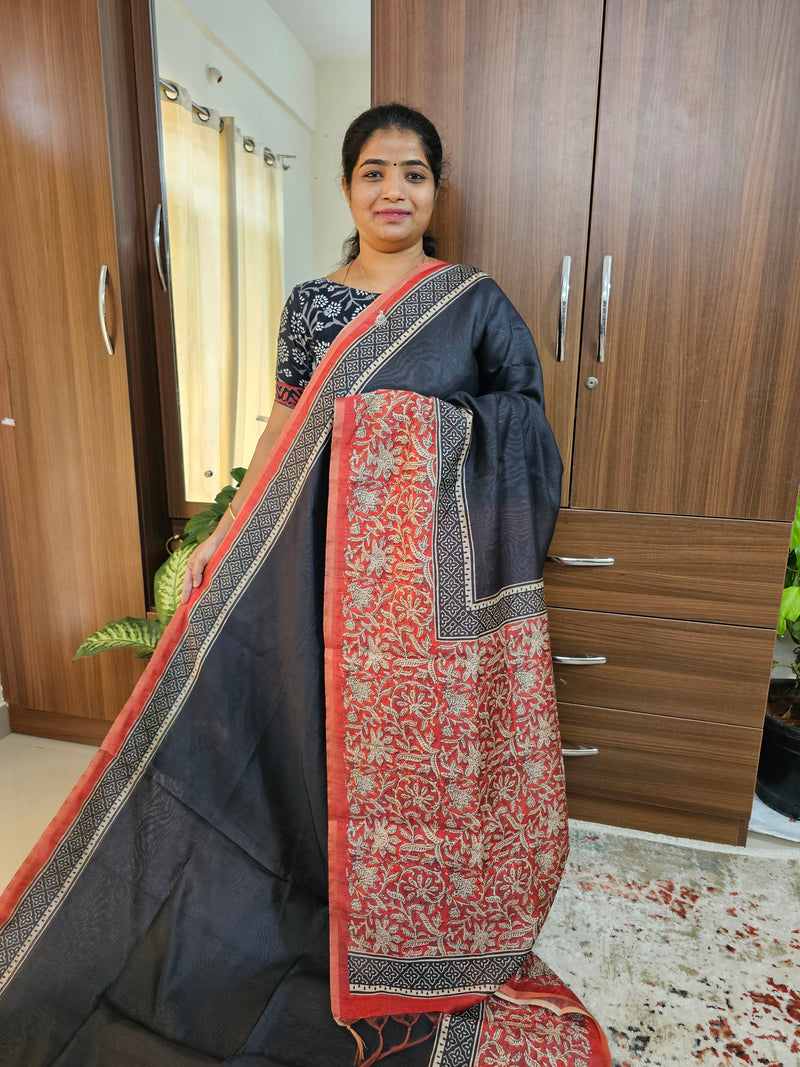 Semi Ghicha Digital Printed Saree - Black with Red