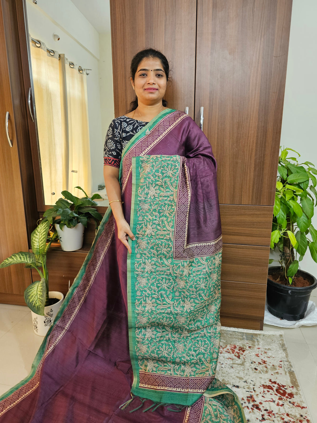 Semi Ghicha Digital Printed Saree - Purple with Sea Green